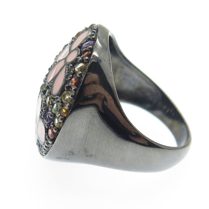 925 Sterling Silver Black Rhodium Enamel Real Multi-Sapphire Ring Size 7.25