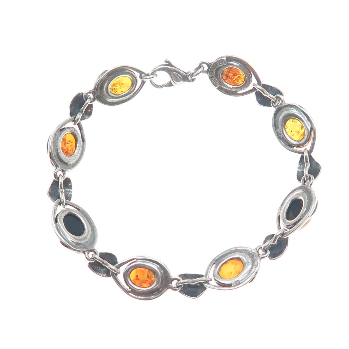 VALERIO V-8 Sterling Silver Vintage Poland Amber Modernist Floral Bracelet 6.75"
