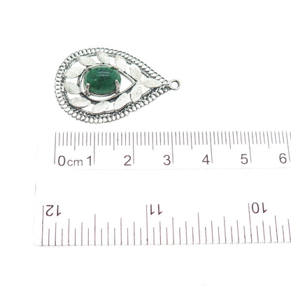 925 Sterling Silver Vintage Green Art Glass Floral Teardrop Charm Pendant