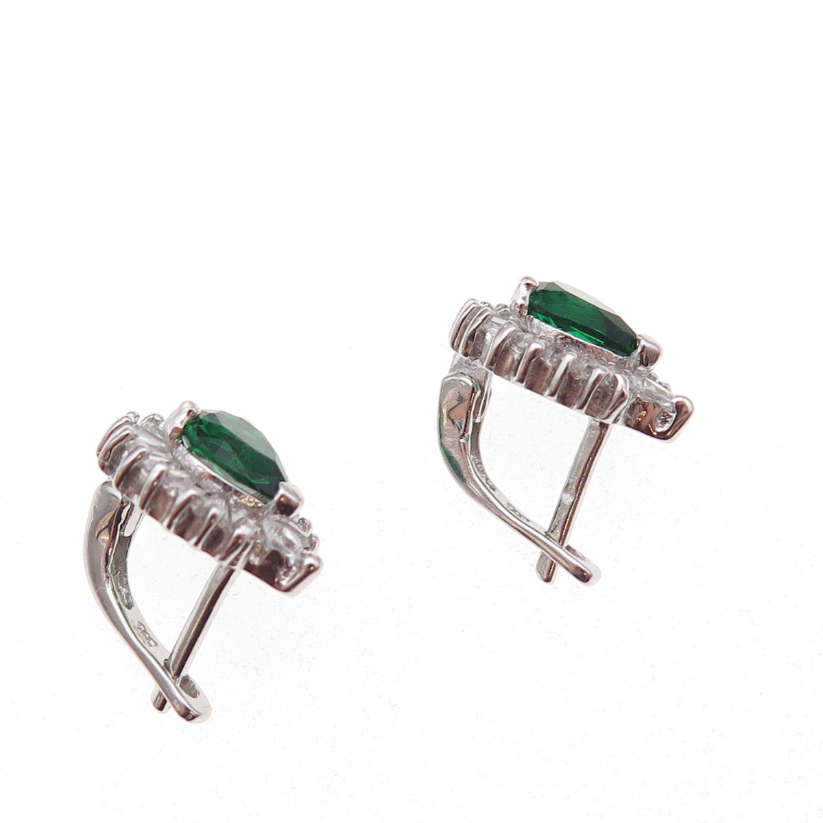 925 Sterling Silver Green & White C Z Teardrop Earrings