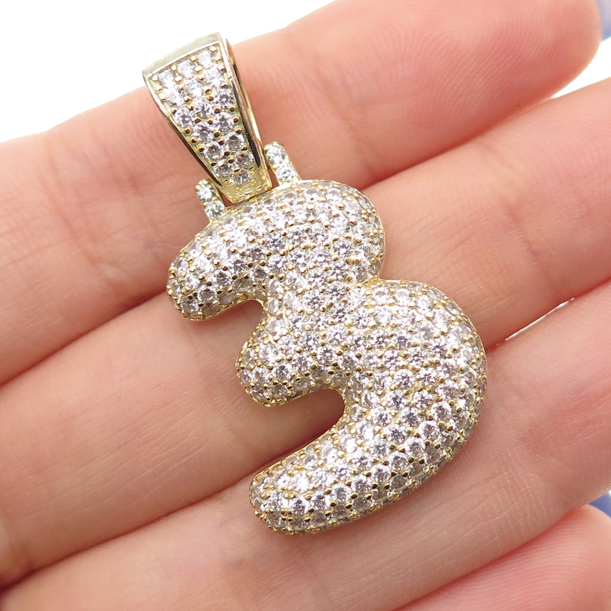 925 Sterling Silver Gold Plated Round-Cut C Z Number 3 Lucky Pendant