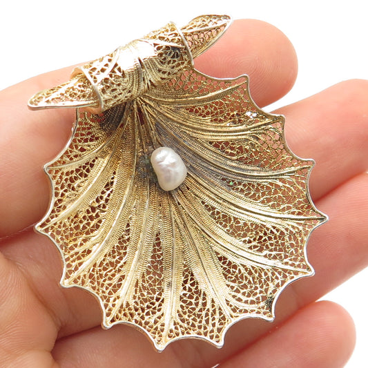 925 Sterling Gold Plated Vintage GV Portugal Real Pearl Filigree Shell Brooch