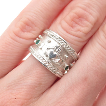 925 Sterling Vintage JB Ireland Real Green Chalcedony Claddagh Ring Size 6