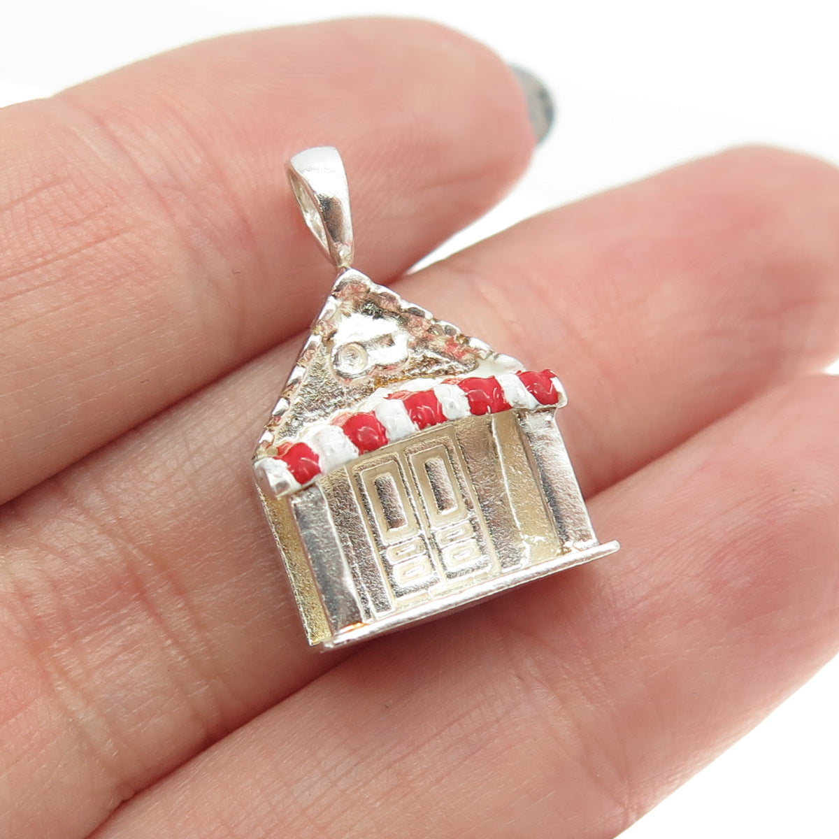 925 Sterling Silver Vintage Red & White Enamel OG House Porch Charm Pendant