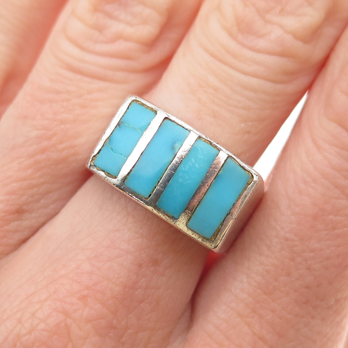 Old Pawn Sterling Silver Vintage Southwestern Turquoise Tribal Ring Size 7.25