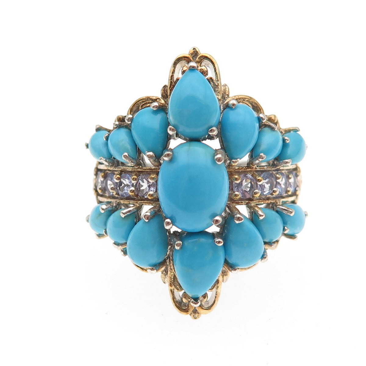 Chuck Clemency 925 Sterling 2-Tone Real Turquoise & Tanzanite Ring Size 7.25