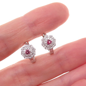 925 Sterling Silver Pink & White C Z Floral Hoop Earrings