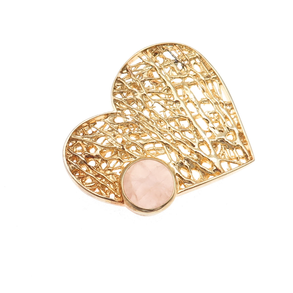 925 Sterling Silver Gold Plated Real Rose Quartz Modernist Heart Slide Pendant