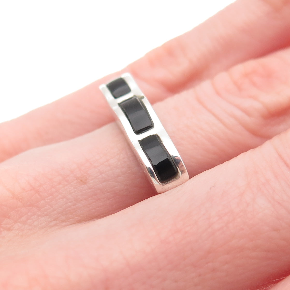 Sidney Evan 925 Sterling Silver Vintage Real Black Onyx Modernist Ring Size 5.75