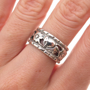 925 Sterling Silver Antique Art Deco Floral Oxidized Band Ring Size 6.75