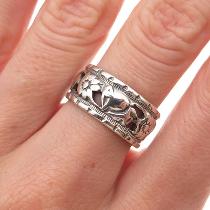 925 Sterling Silver Antique Art Deco Floral Oxidized Band Ring Size 6.75