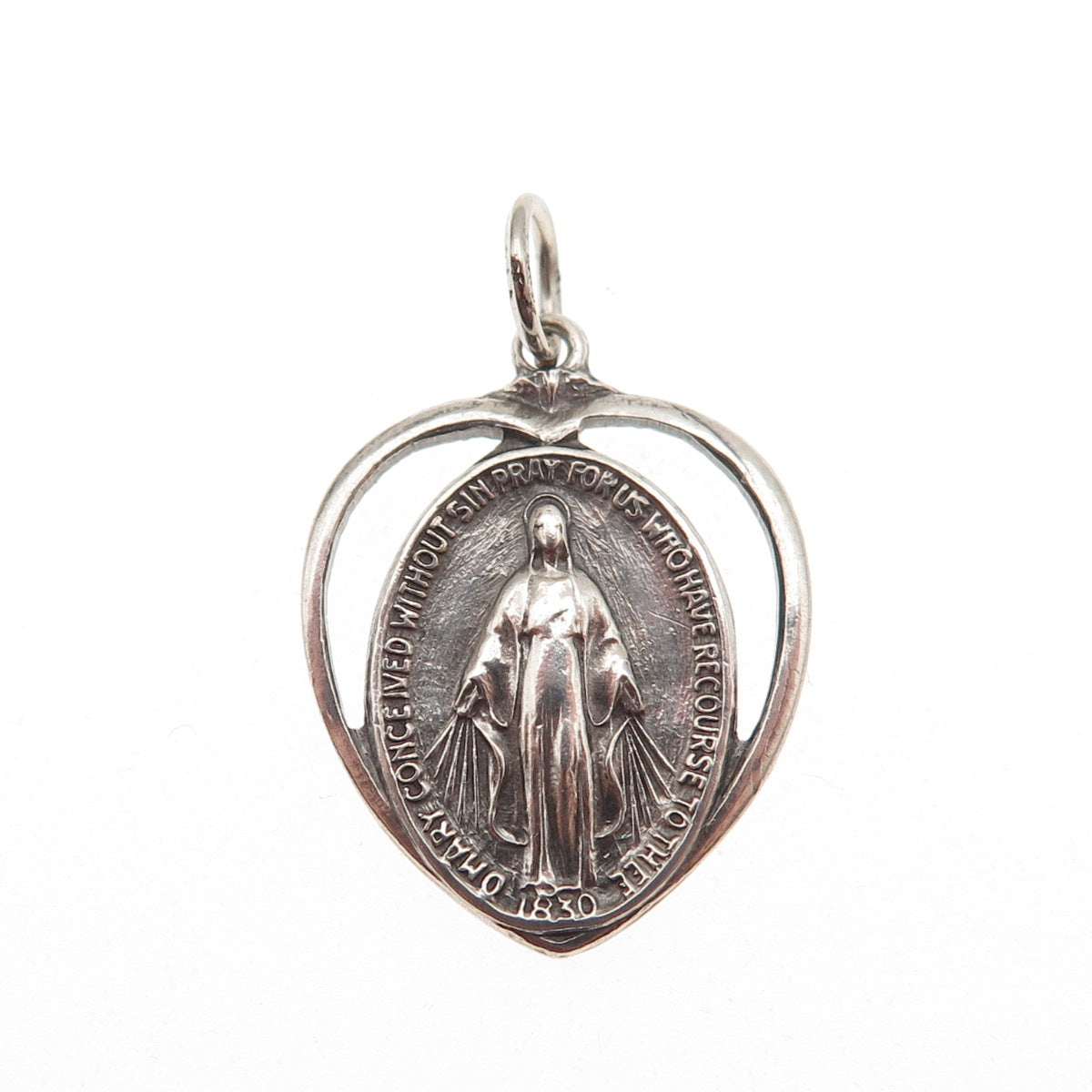 925 Sterling Silver Antique Art Deco St. Mary Heart Oxidized Mini Charm Pendant
