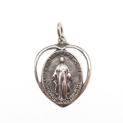 925 Sterling Silver Antique Art Deco St. Mary Heart Oxidized Mini Charm Pendant