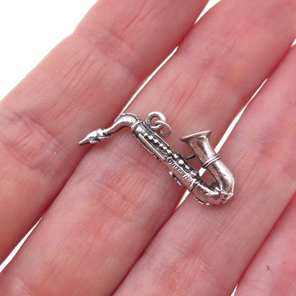 925 Sterling Silver Antique Art Deco Saxophone Oxidized 3D Charm Pendant
