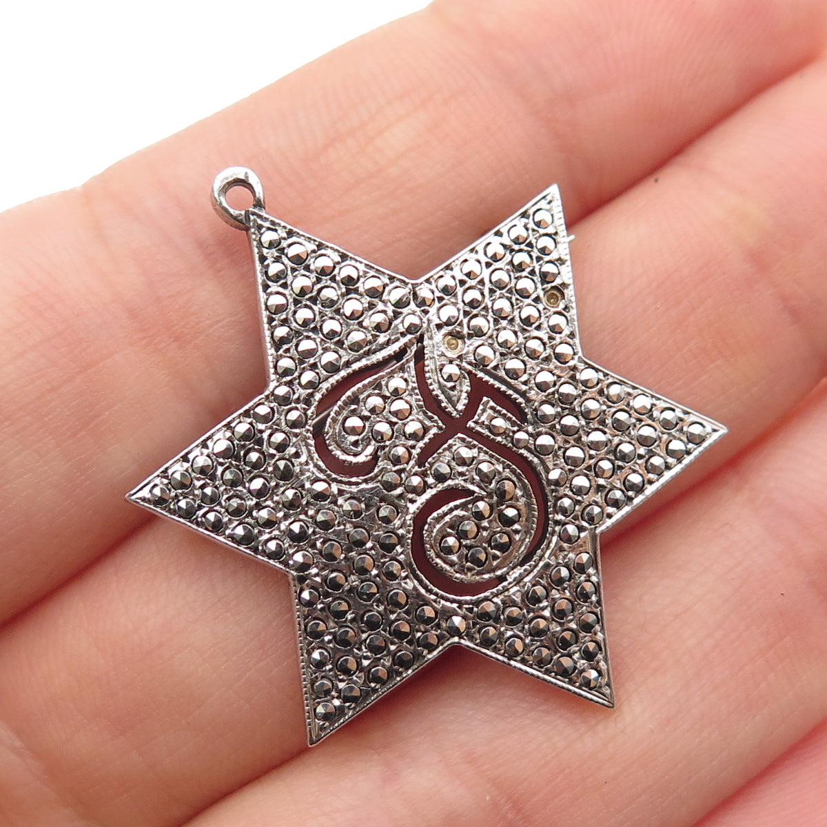 925 Sterling Antique Marcasite Letter F Star of David Pendant (missing 2 stones)