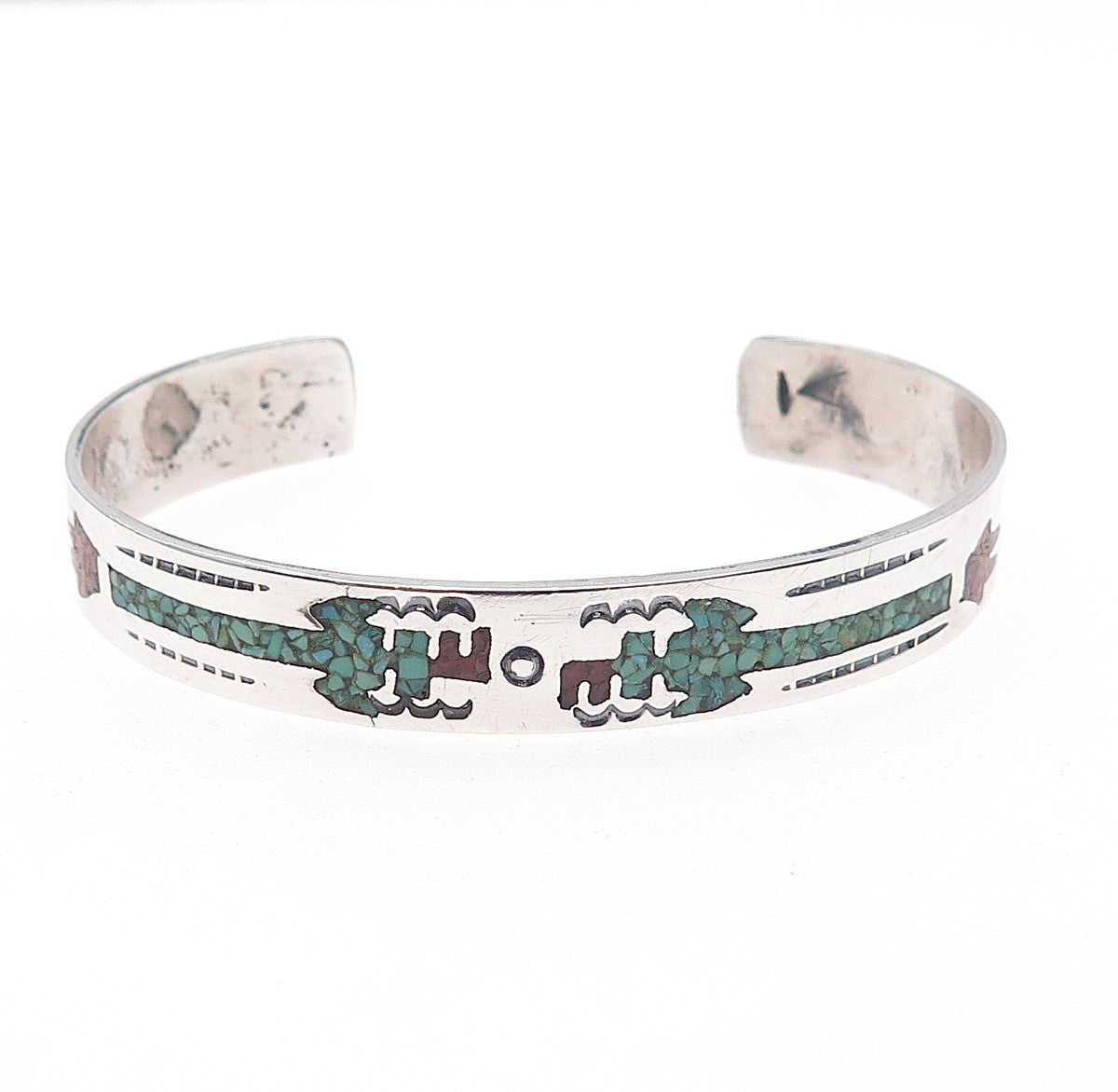 Robert Vandover Navajo Old Pawn 925 Sterling Turquoise Coral Inlay Bracelet 6.5"