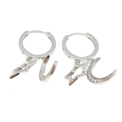 925 Sterling Silver C Z Crescent Moon & Star Dangling Earrings