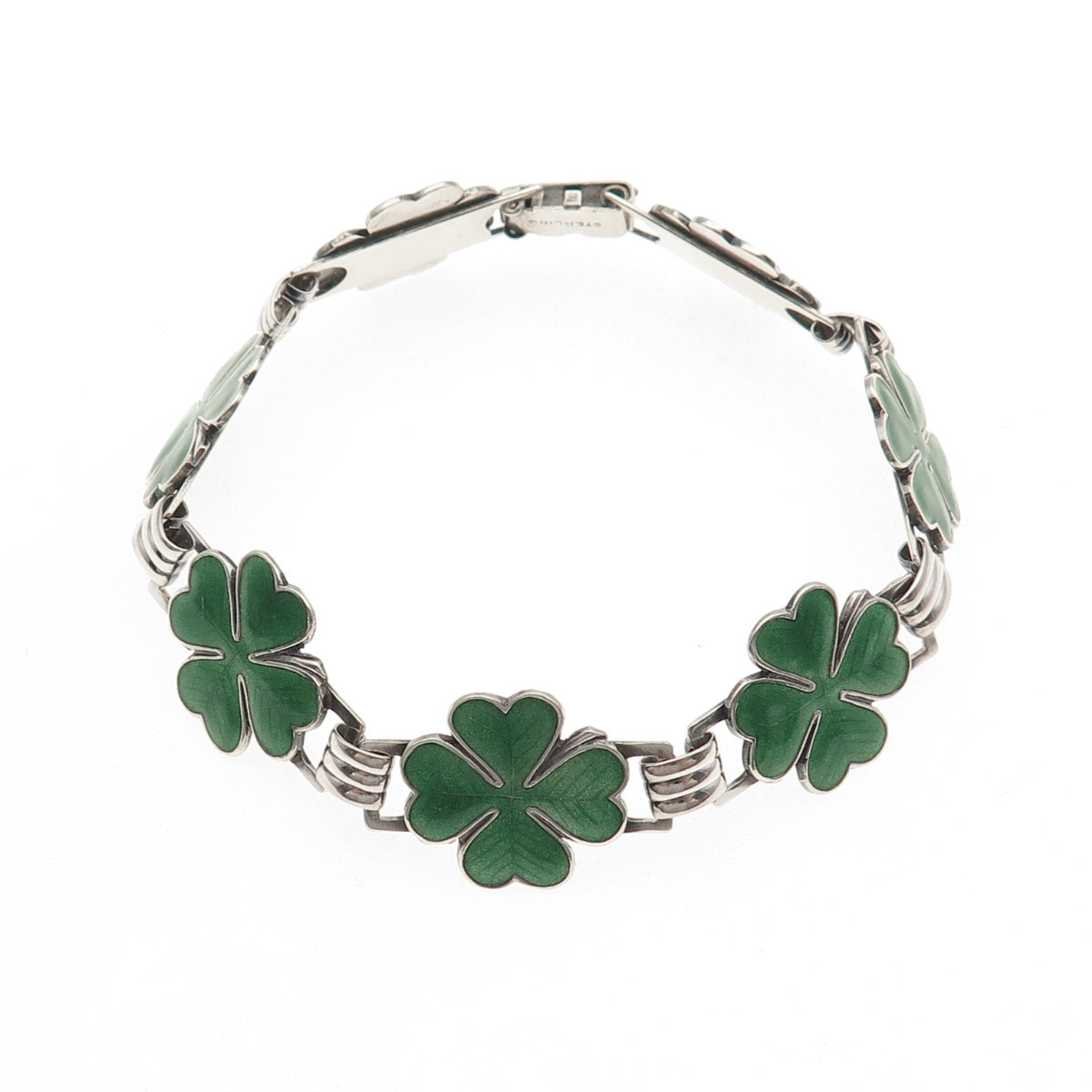 925 Sterling Silver Antique Art Deco Enamel Lucky Clover Link Bracelet 7"