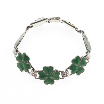 925 Sterling Silver Antique Art Deco Enamel Lucky Clover Link Bracelet 7"