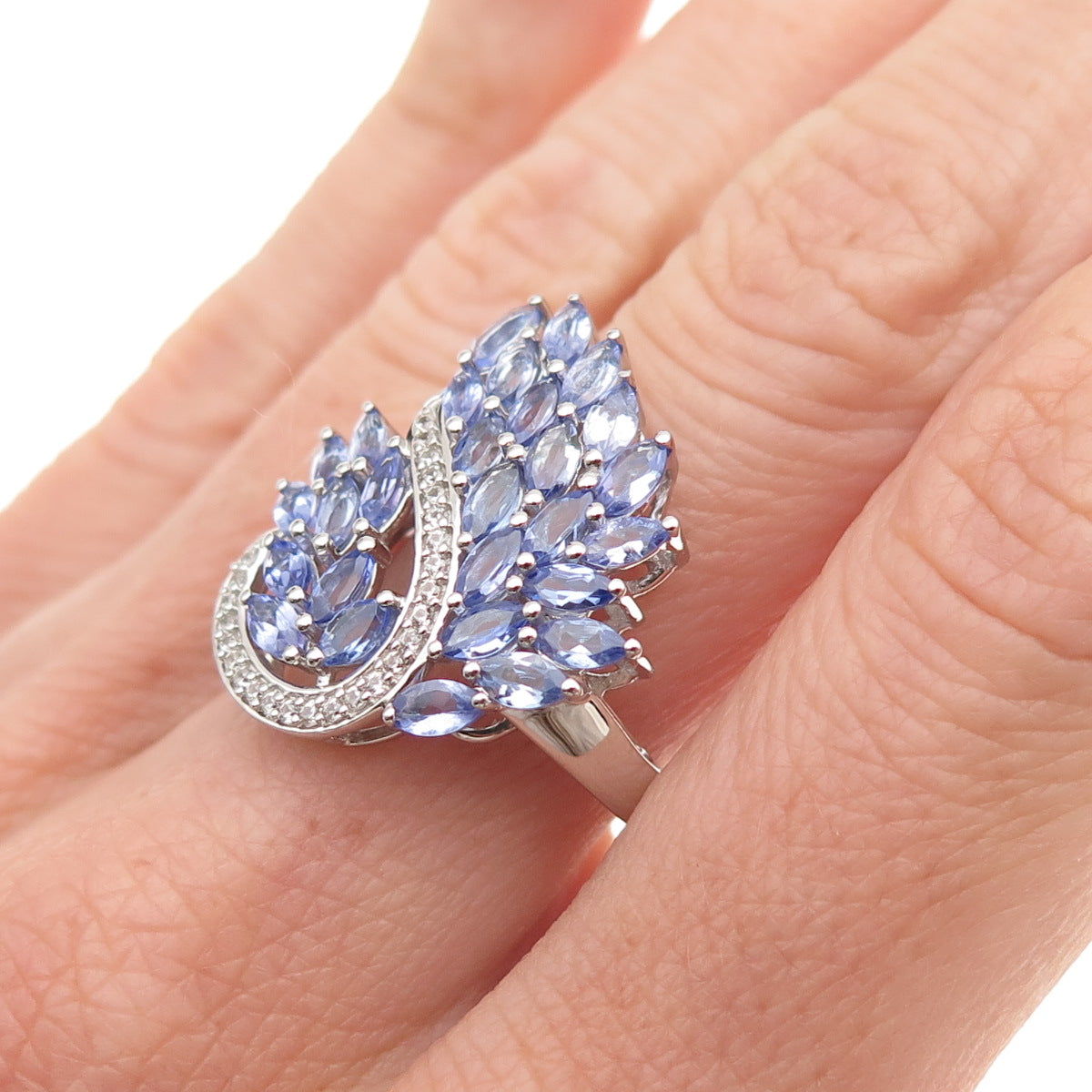 925 Sterling Silver Real Marquise-Cut Tanzanite & White Topaz Ring Size 8
