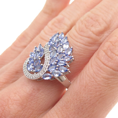 925 Sterling Silver Real Marquise-Cut Tanzanite & White Topaz Ring Size 8