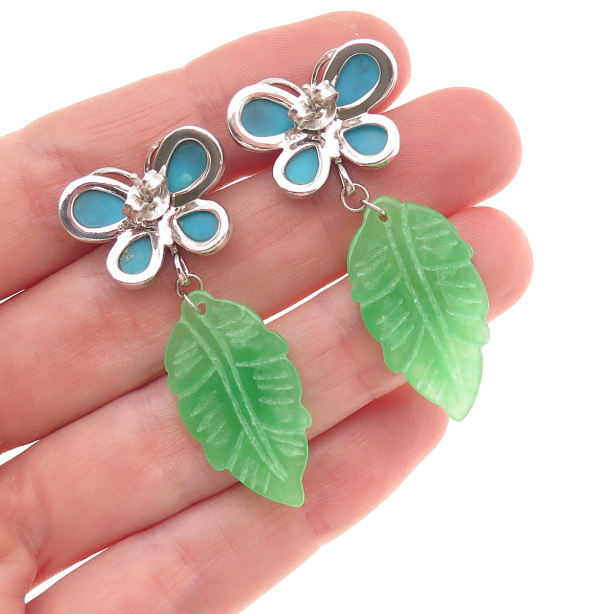 925 Sterling Silver Real Turquoise & Jade Butterfly Floral Dangle Earrings