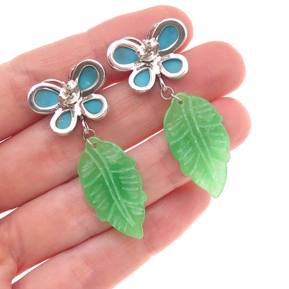 925 Sterling Silver Real Turquoise & Jade Butterfly Floral Dangle Earrings