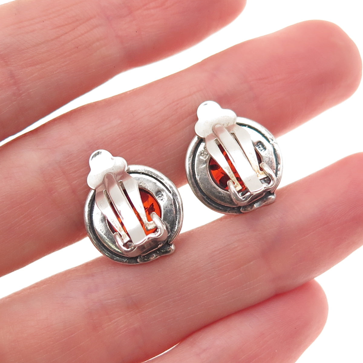925 Sterling Silver Vintage Real Amber Oxidized Clip On Earrings