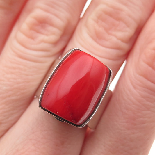 925 Sterling Silver Vintage Real Coral Modernist Adjustable Ring Size 7.5