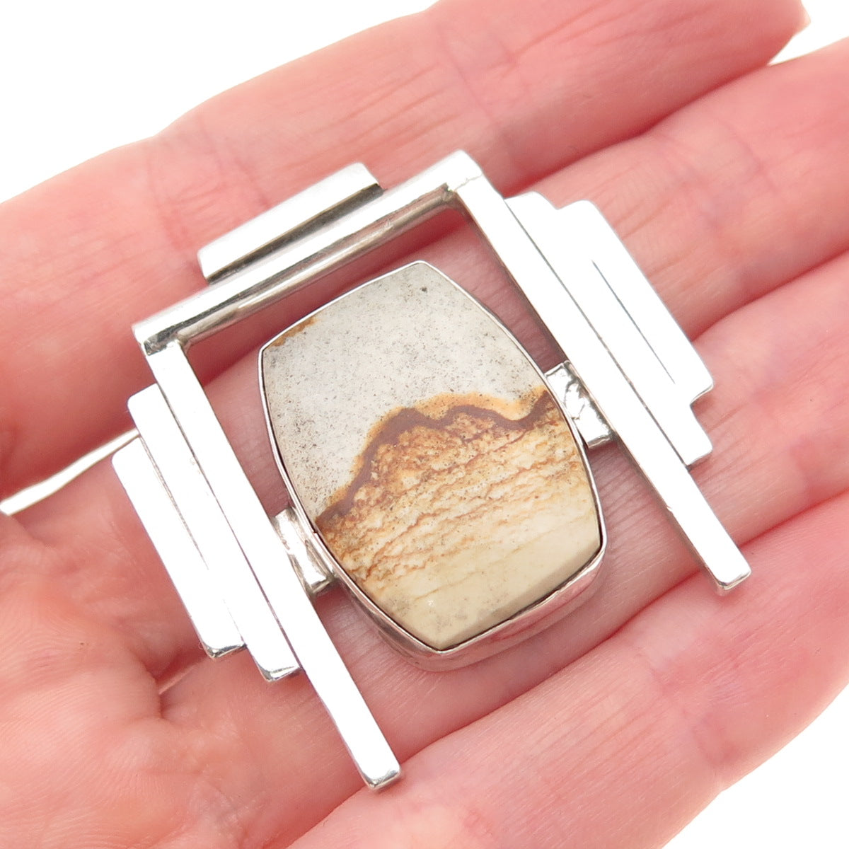 925 Sterling Silver Vintage Real Picture Jasper Modernist Slide Pendant