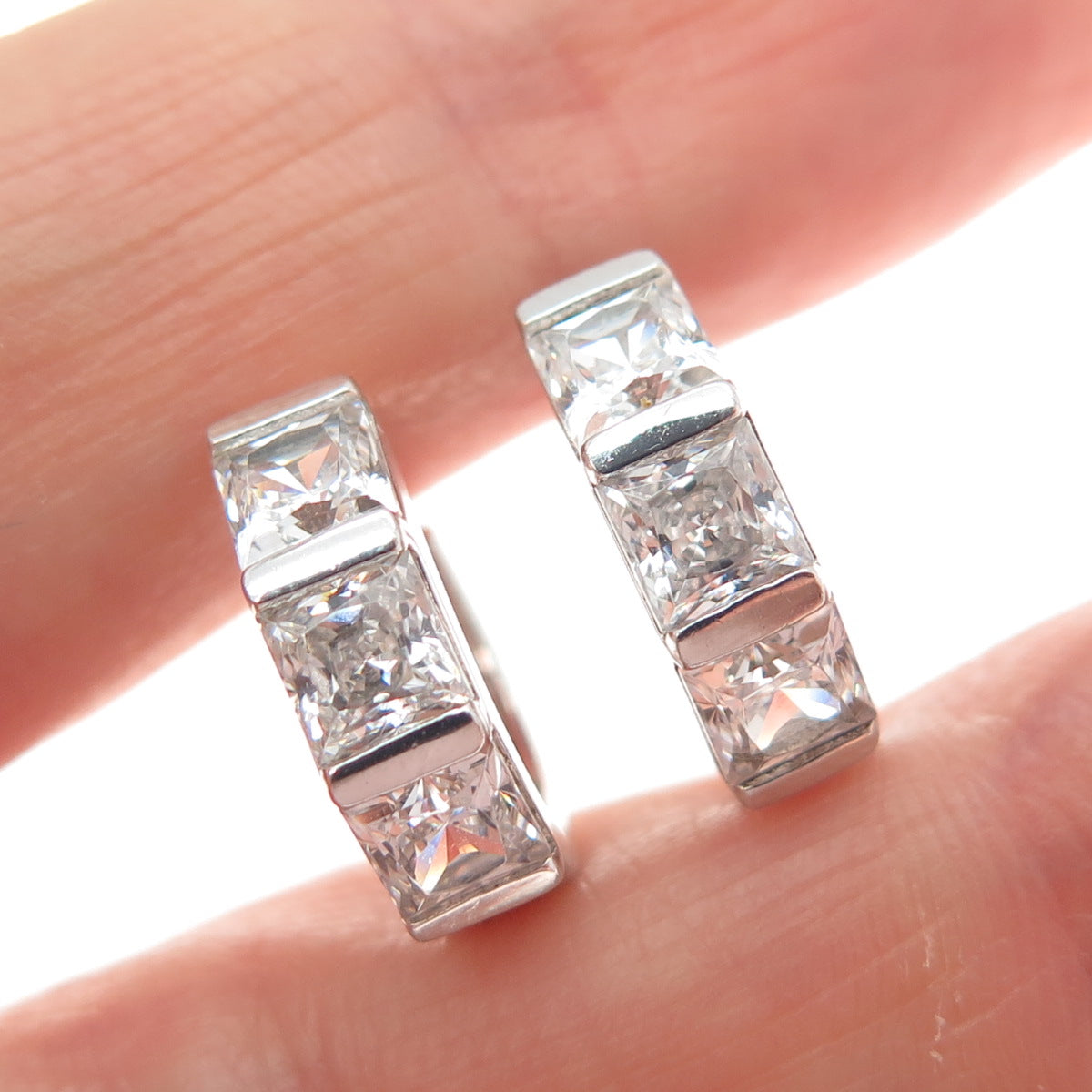 925 Sterling Silver Princess-Cut C Z Hoop Earrings