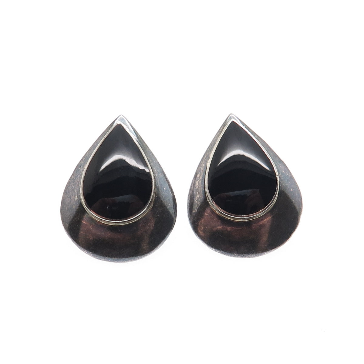 BOMA 925 Sterling Silver Vintage Black Onyx Modernist Oxidized Teardrop Earrings