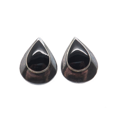BOMA 925 Sterling Silver Vintage Black Onyx Modernist Oxidized Teardrop Earrings