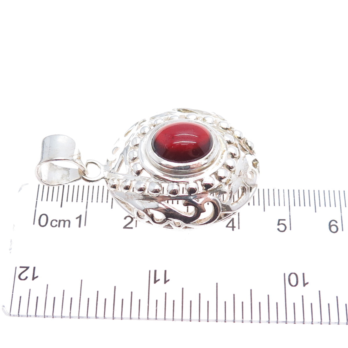925 Sterling Silver Vintage Real Oval-Cut Red Garnet Beaded Charm Pendant