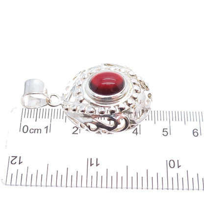 925 Sterling Silver Vintage Real Oval-Cut Red Garnet Beaded Charm Pendant