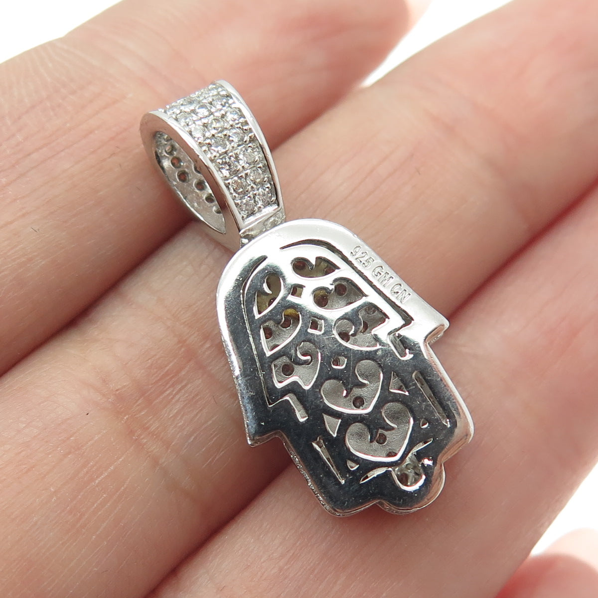 925 Sterling Silver Round-Cut Shaped C Z Hamsa Hand Amulet Pendant