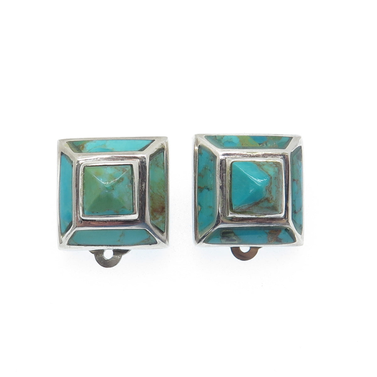 925 Sterling Silver Vintage Lone Mountain Turquoise Pyramid Clip On Earrings