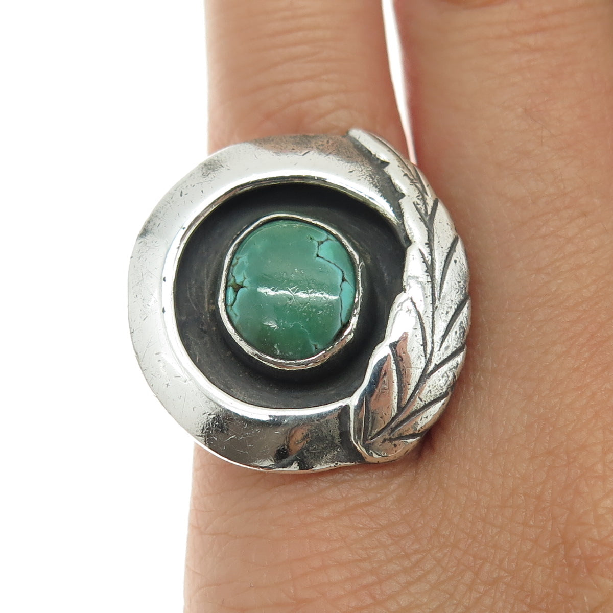 Old Pawn 925 Sterling Silver Vintage Royston Turquoise Feather Ring Size 5.5