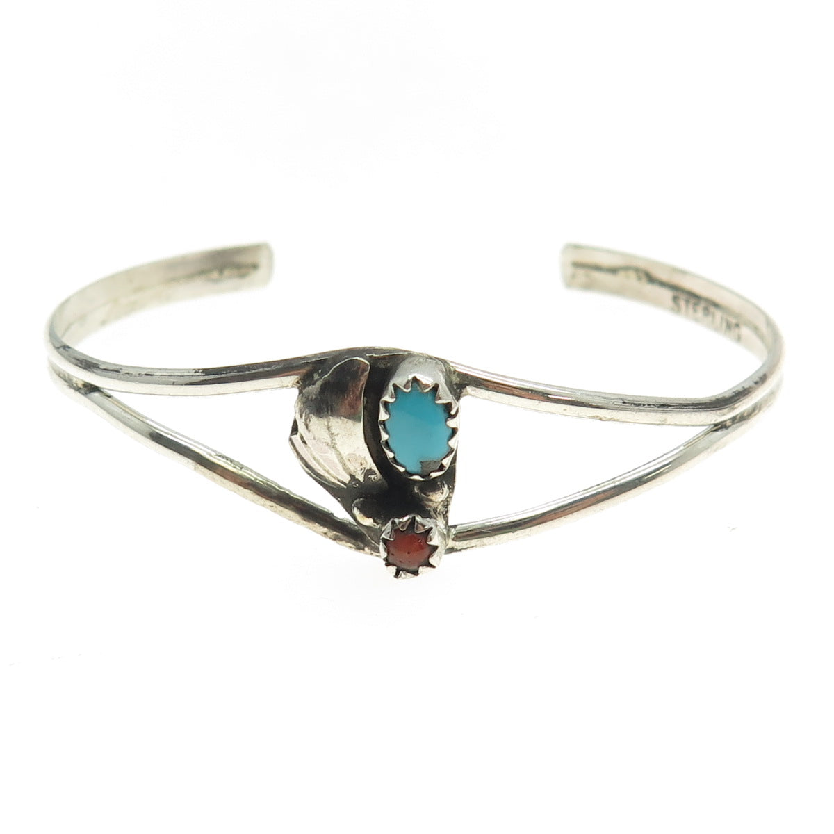 Old Pawn 925 Sterling Silver Turquoise Coral Snake Eye Adjustable Bracelet 4.75"