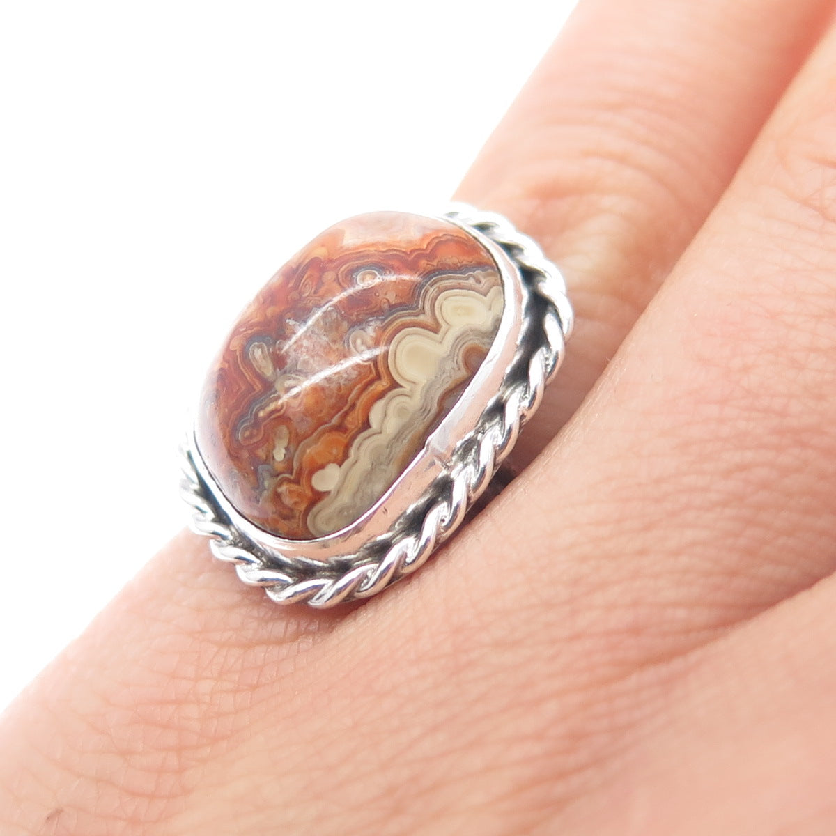 Old Pawn Sterling Silver OLG Artisan Agate Southwestern Tribal Ring Size 5.25
