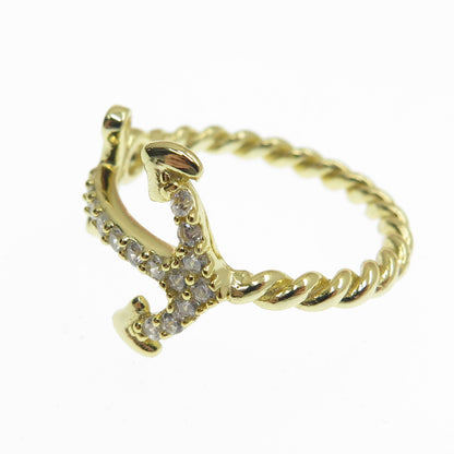 925 Sterling Silver Gold Plated Round-Cut Shaped C Z Anchor Ring Size 6.25