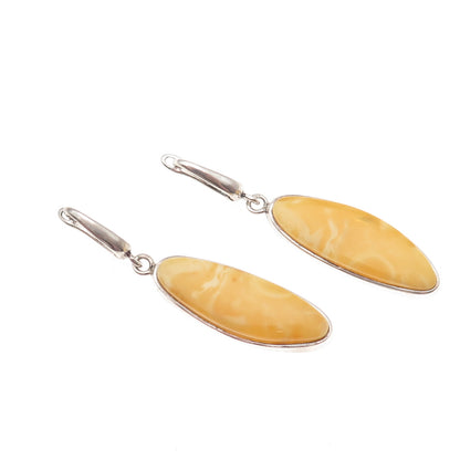 925 Sterling Silver Vintage Real Butterscotch Amber Modernist Dangle Earrings