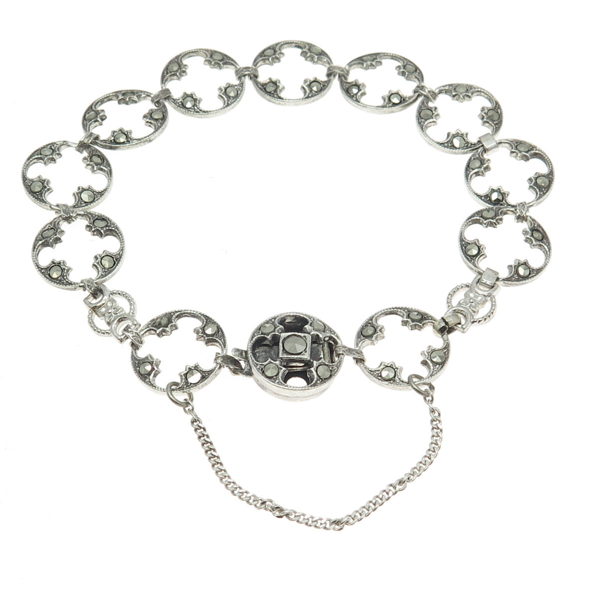 925 Sterling Silver Antique Art Deco Real Marcasite Round Link Bracelet 7.5"