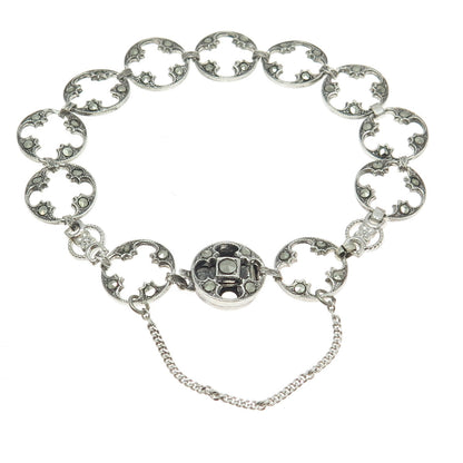 925 Sterling Silver Antique Art Deco Real Marcasite Round Link Bracelet 7.5"