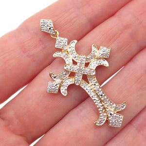 925 Sterling Silver Gold Plated Real Round-Cut Diamond Cross Charm Pendant