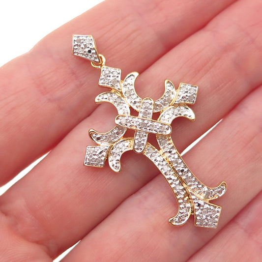 925 Sterling Silver Gold Plated Real Round-Cut Diamond Cross Charm Pendant