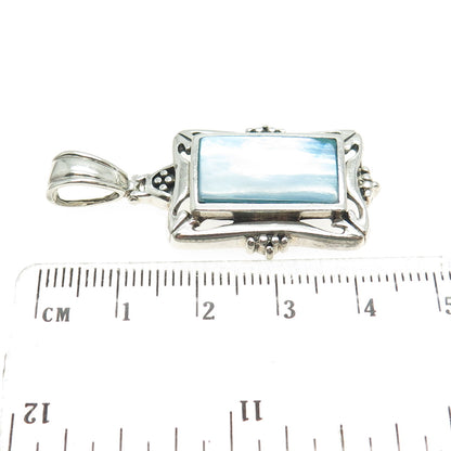 925 Sterling Silver Vintage Real Blue Mother-of-Pearl Granulated Pendant