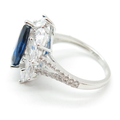 925 Sterling Silver Lab-Created Sapphire & C Z Teardrop Ring Size 8