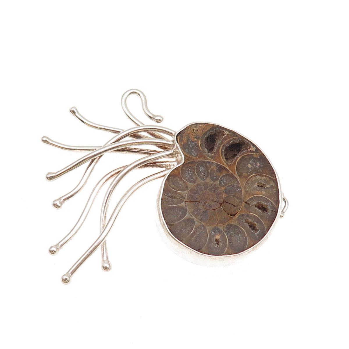 P.M. DESIGNS 925 Sterling Silver Vintage Real Ammonite Fossil Modernist Pendant