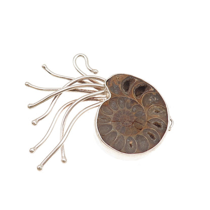 P.M. DESIGNS 925 Sterling Silver Vintage Real Ammonite Fossil Modernist Pendant